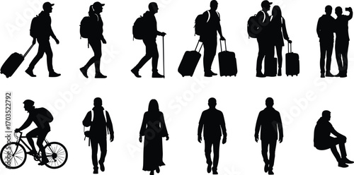 Silhouettes of diverse people traveling with luggage, backpacks, walking, cycling, and taking selfies, isolated on white background, active lifestyle, tourism concept