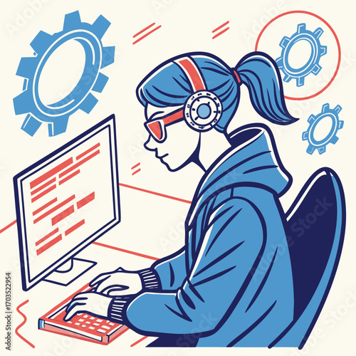 Young woman with headphones typing on keyboard beside a computer screen with graphics