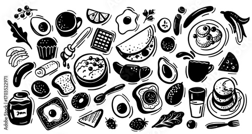 Hand drawn vector collection of breakfast food icons: eggs, coffee, toast, pancakes, croissant, fruits, porridge, jam, and more. Perfect for menu design, cafe branding, packaging, posters, and prints.