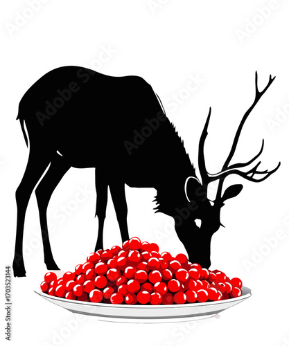 Black silhouette of a deer eating a pile of red berries from a plate
