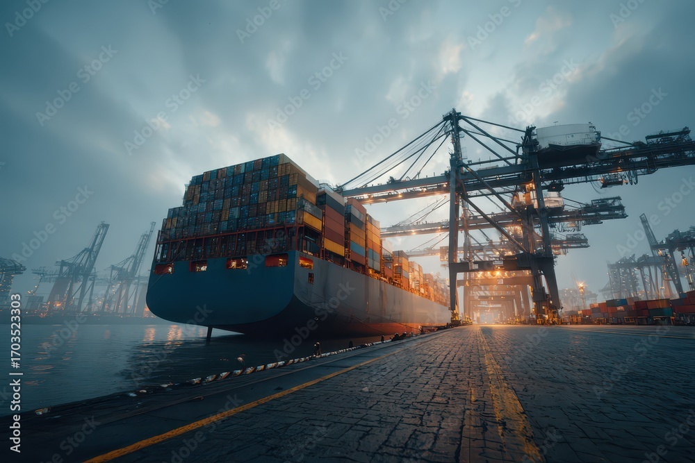 Naklejka premium Massive container ship docked at bustling industrial port with cranes.