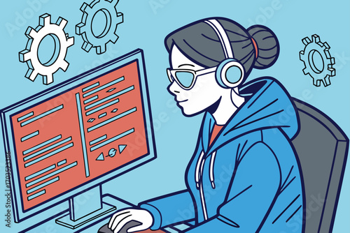 Young woman with headphones looks at computer screen near floating gears