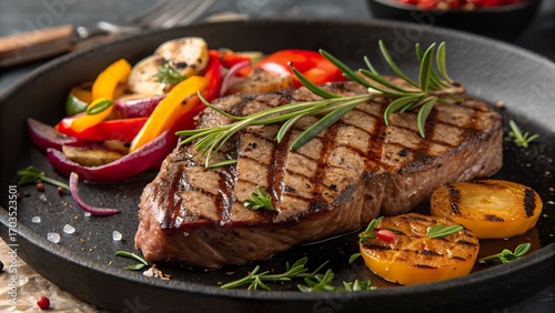 Sizzling grilled steak served with colorful roasted vegetables and fresh herbs on a dark stone plate