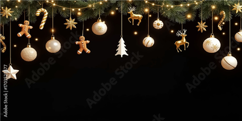 Colorful ornaments and sparkling gold snowflakes decorate a festive Christmas tree with twinkling lights