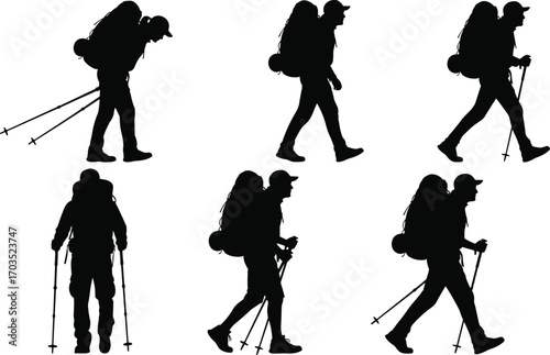ccSilhouettes of backpacker hikers with trekking poles, walking outdoors, adventure travel, hiking expedition, nature exploration, mountain trekking, 