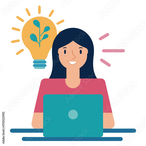 Young woman uses laptop and develops creative ideas represented by the glowing lightbulb