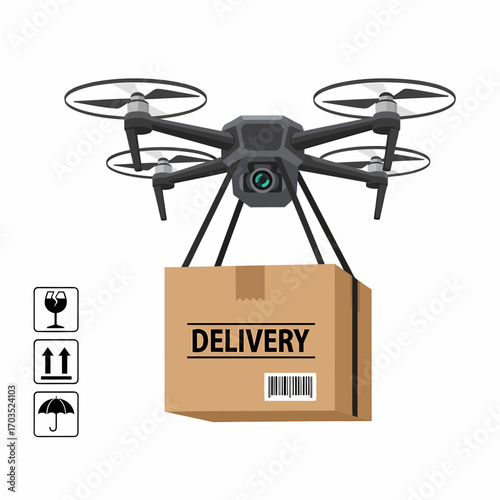Drone delivery with a cardboard box and fragile, up, and umbrella symbols.