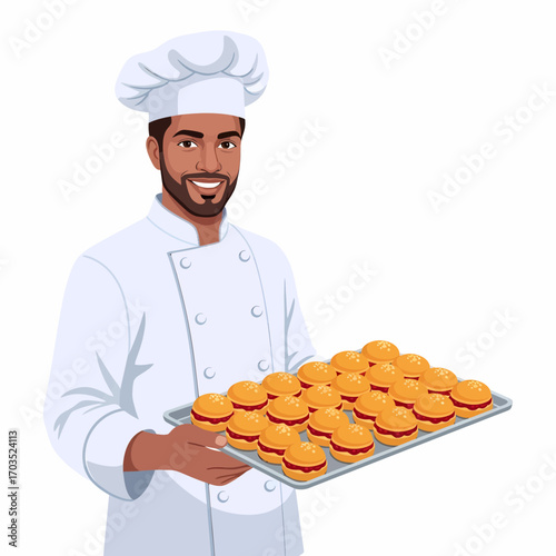 Smiling chef holding a tray of baked goods, showcasing freshly baked pastries.