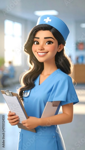 Cartoon nurse with clipboard.  Smiling, professional