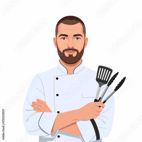 Chef with cooking utensils, arms crossed, wearing a white chef's coat.