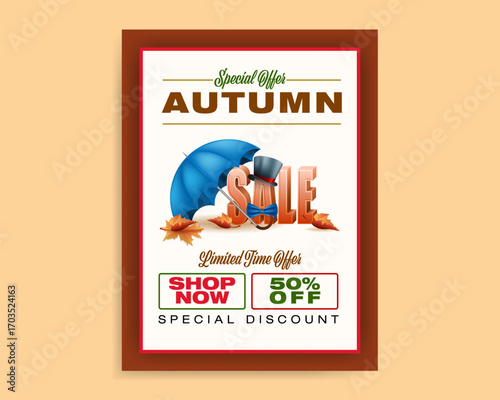 Background, autumn scene design with 3d texts, rain umbrella and leaves in the colors of the season, for Autumn, sales commercial event; Vector illustration.