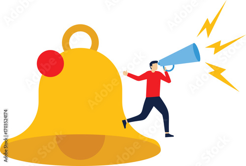 Notification or announcement, Follow up customers on online business with notification to achieve sales targets, businessman using megaphone standing next to big notification bell concept

