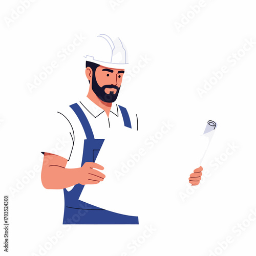 A male construction worker reviewing blueprints.