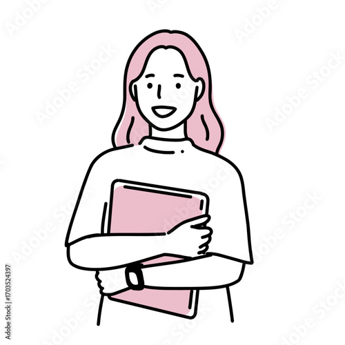 線画　PCを持っているウェーブヘアの女性