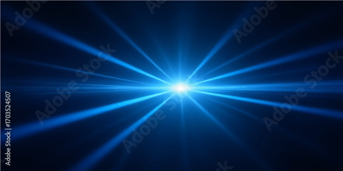 Blue abstract background with glowing light burst and bright energy rays