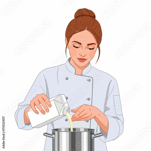 A female chef in a white uniform carefully pours liquid from a carton into a pot.