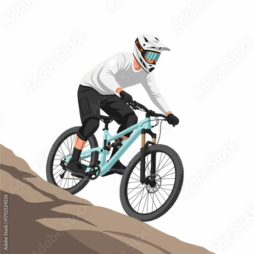A person riding a mountain bike down a steep, rocky slope, wearing protective gear.