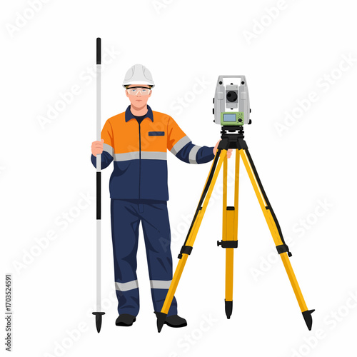 A male surveyor in a hard hat and safety uniform stands with a total station on a tripod and a leveling rod, ready for land measurement.