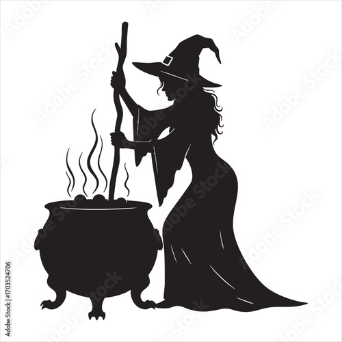 Spooky silhouette witch brewing potion in cauldron over fire with steam mysterious halloween night