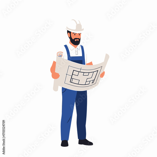 A construction worker in a blue jumpsuit and white helmet examines a blueprint.