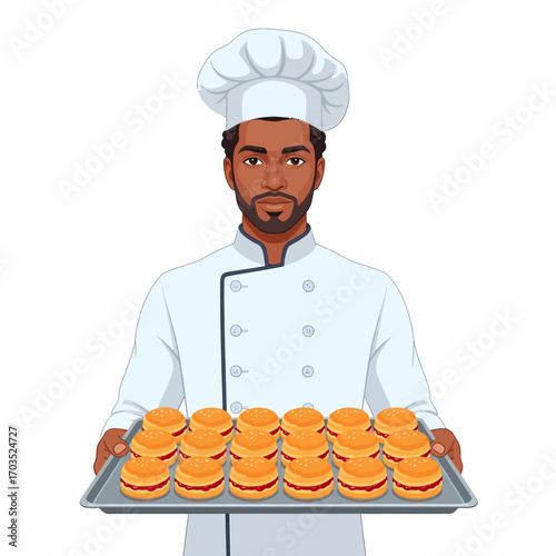 African American chef holding a tray of baked goods, likely biscuits or scones.