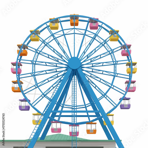 A large blue Ferris wheel with colorful gondolas against a white background, suggesting a funfair or amusement park setting.
