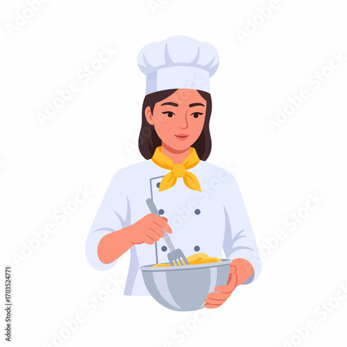 A female chef in a white uniform and hat is mixing ingredients in a bowl with a fork.