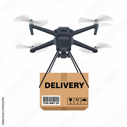 Drone delivering a package with "DELIVERY" text on it.