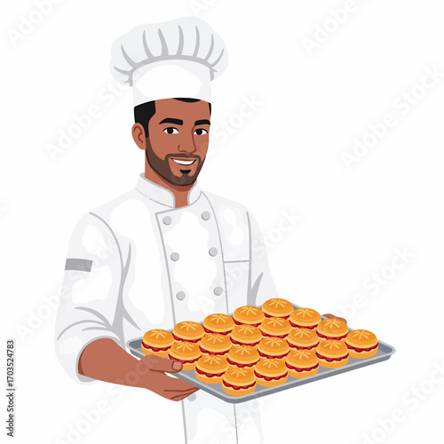 A smiling chef in a white uniform holding a tray of baked goods.