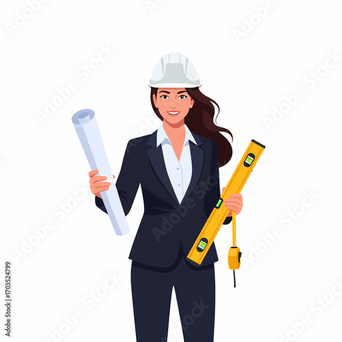 A confident female architect or engineer in a hard hat holding blueprints and a spirit level.