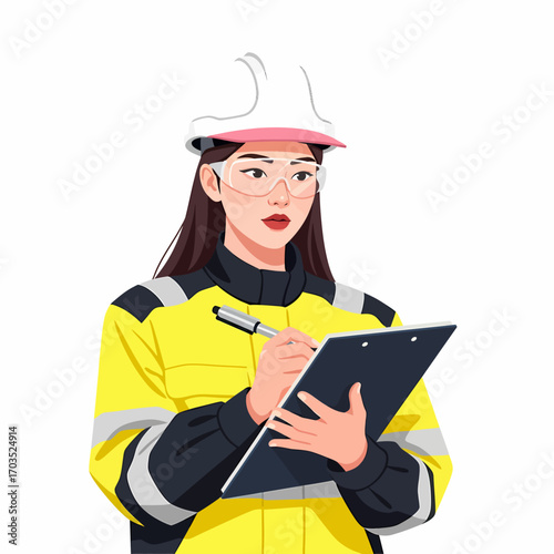 Young female engineer in safety gear taking notes on clipboard.