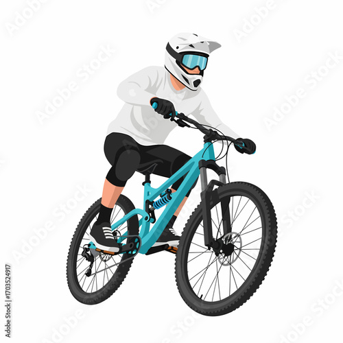 A mountain biker in action, riding a teal downhill bike.