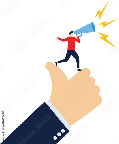 Speech leader, businessman holding a megaphone standing on a huge thumb

