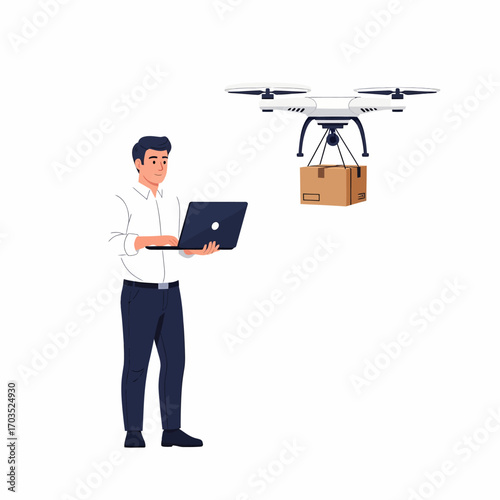 A man in a white shirt and dark pants operates a drone carrying a package, using a laptop.
