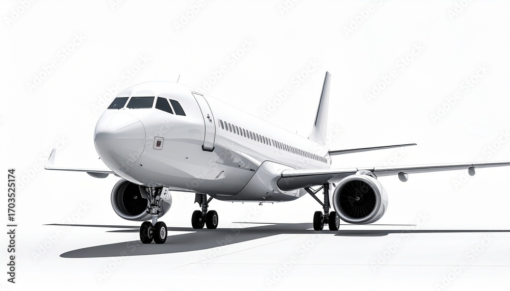 Obraz premium Front view of white commercial jet with deployed landing gear on minimal background