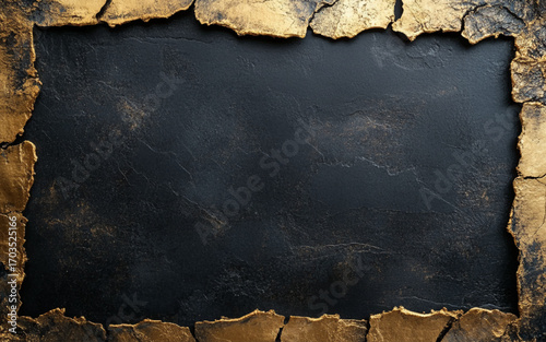 Dark Concrete Surface with Glowing Golden Veins and Border. Vector Illustration.