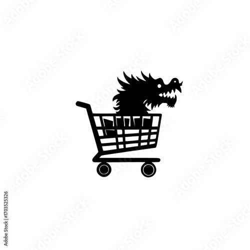 Shopping cart with little dragon character concept for fantasy retail isolated on white backdrop