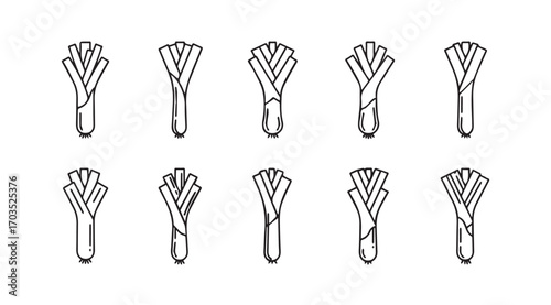 Collection of ten stylized leek vegetable silhouettes in a grid pattern silhouette