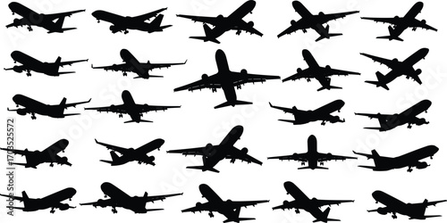 Silhouettes of airplanes in various angles, flying, landing, taking off, aviation, air travel, aircraft, jet, sky, transport, commercial planes, airline industry, flight, airport runway, 