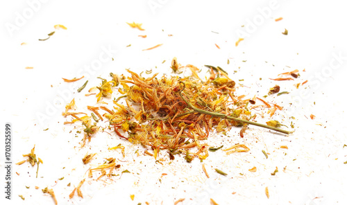 Dried yellow Saint John's wort, flowers (Hypericum perforatum) isolated on white background, side view	