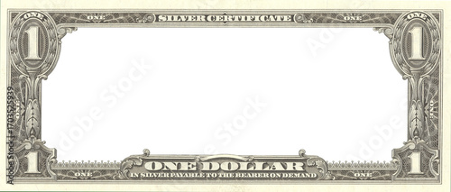 Financial illustration. Empty frame of banknote, denomination of 1 dollar US 1957, silver certificate. Obverse of note. Sample bill. American vintage paper money. One. Template
