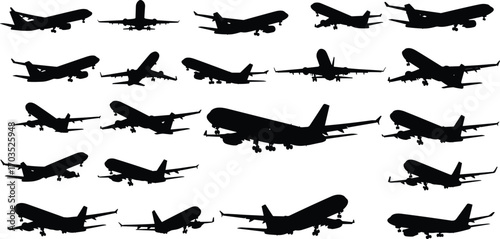 Silhouettes of airplanes in various angles, flying, landing, taking off, aviation, aircraft, travel, transportation, flight, jet, airplane, sky, transportation industry