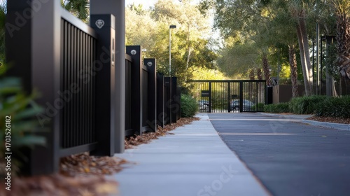 A modern black metal fence along a private road with an automatic gate creating security