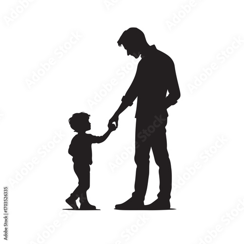 Silhouette of father and son holding hands, family love and relationship vector illustration