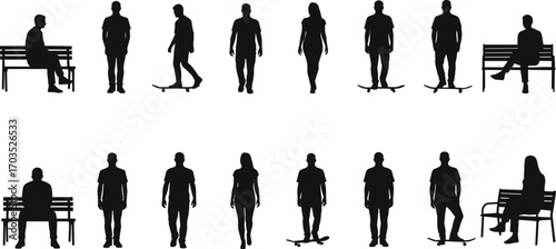 Silhouettes of people walking, sitting on benches, skateboarding, urban lifestyle, street activity, youth culture, outdoor recreation, casual poses, vector illustration