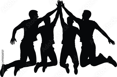 Silhouette of Four Men Jumping and High-Fiving Together, Celebrating Success, Teamwork, Friendship, Energy, Unity, Joyful Group, Active Lifestyle Vector Illustration