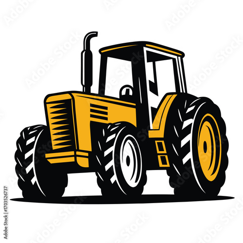 Yellow and black vintage tractor with large tires sits on a white background