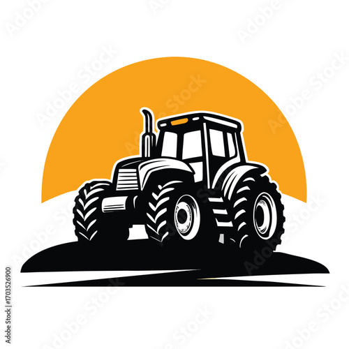 Black and white silhouette shows heavy farm tractor against the setting sun symbol