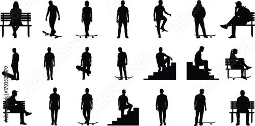 Silhouettes of people sitting on benches, skateboarding, walking, urban lifestyle, street culture, youth activity, leisure time, outdoor recreation, vector illustration
