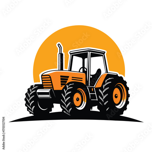Stylish orange farm tractor stands boldly against a vibrant sunset backdrop, isolated cleanly
